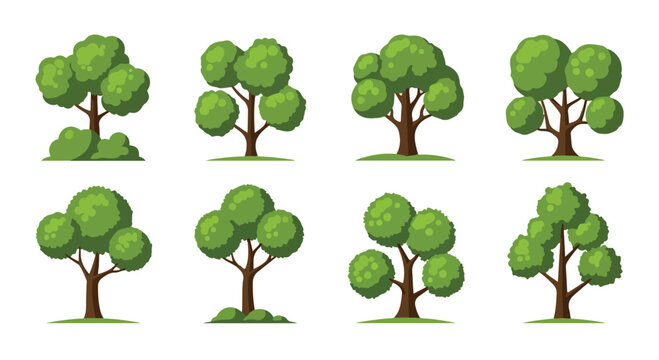 Cartoon green tree collection, set of 8 flat vector trees with lush foliage, organic forest plant icons for game design and landscape maps