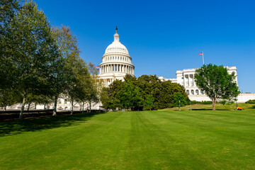 Naklejka premium Capitol Hill hosts Senate building. Capitol Hill includes Congress chambers. Capitol Hill defines federal district. Capitol Hill shows political center.