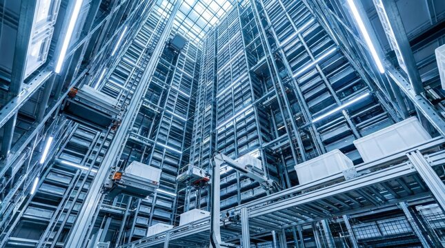 Automated warehouse interior with high racks and robotic systems