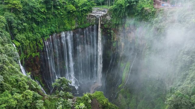 Tumpak Sewu Waterfall Aerial Landscape with Mist and Canyon &ndash; Java Island Indonesia