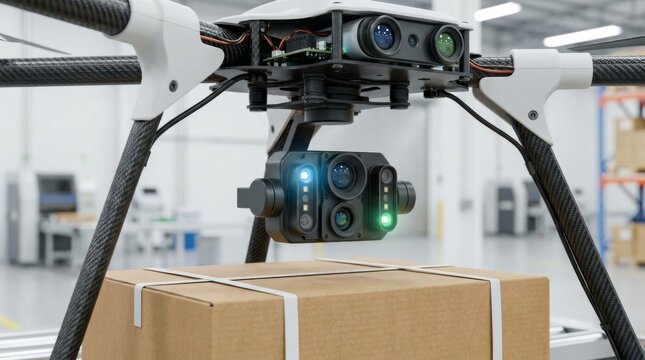 Drone delivering a package inside a warehouse