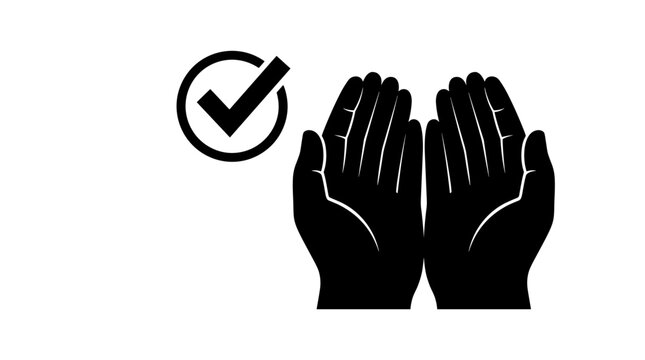 Open hands praying gesture with checkmark symbol in circle signifying answered prayer divine blessing or successful