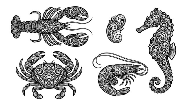 Intricate ornamental sea creatures collection lobster crab shrimp seahorse with swirls vintage tattoo style