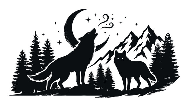 Silhouette of two wolves howling at crescent moon and starry night sky with mountains and pine trees mystical forest