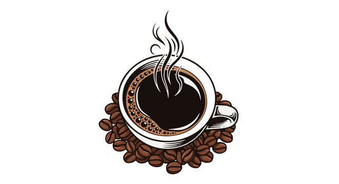 Steaming cup of dark coffee surrounded by roasted beans