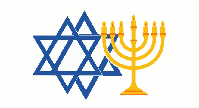 Star of David and lit menorah on white background