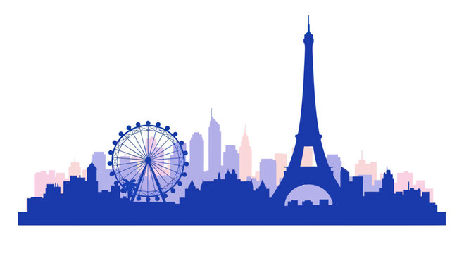Paris and London Skyline Silhouette, Eiffel Tower and Ferris Wheel, Cityscape Design