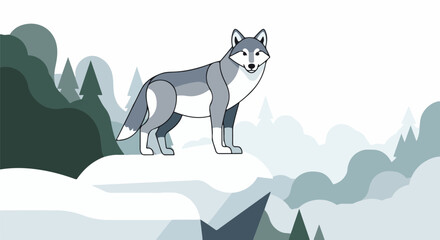 Fototapeta premium Stylized gray wolf stands amidst abstract winter forest and snow
