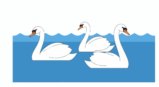 Three white swans glide peacefully across blue, wavy water