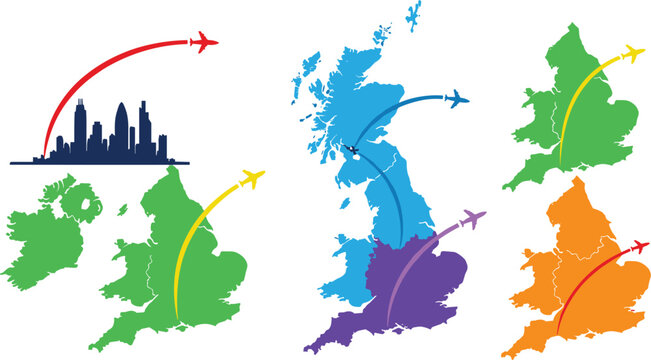 United Kingdom Map Collection with Airplane Flight Routes for Great Britain Travel Tourism and Aviation Logistics Graphic Designs Featuring England and Scotland