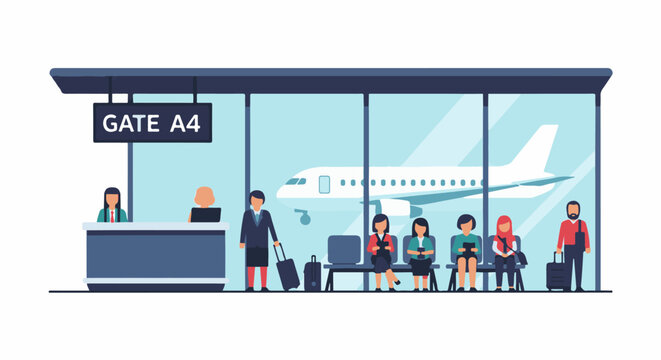 People waiting at airport gate for airplane boarding