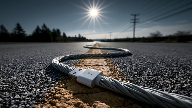 Ladekabel verl&auml;uft wie Stra&szlig;e durch Landschaft als Technologie Konzept