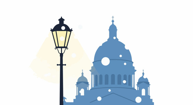 Vintage street lamp illuminates a domed building against a light yellow background with snow