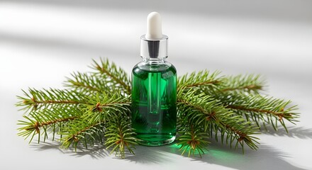 Fototapeta premium Editorial photography of a glass dropper bottle with green-tinted oil, spruce branches arranged gently, clean stone surface, spa-inspired lighting