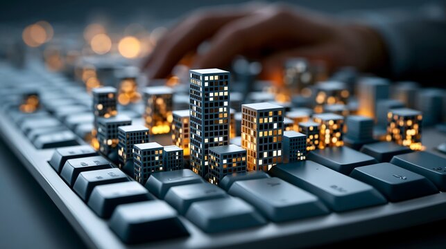 Leuchtende futuristische Stadt auf Computertastatur bei Nacht