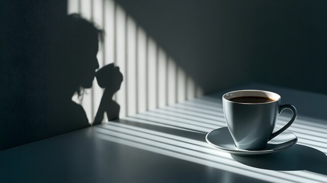 Kaffeetasse mit Schatten einer nachdenklichen Person im Morgenlicht