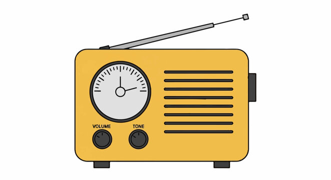 Vintage yellow radio with a dial, antenna, and two knobs for control
