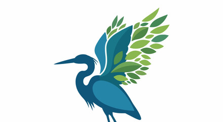 Obraz premium Stylized blue heron with wings made of green leaves