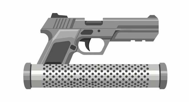 Stylized pistol and silencer, flat design, monochromatic illustration