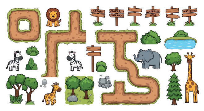 Safari map creator kit with wild animals and dirt paths, cartoon jungle board game elements, cute zoo adventure vector set for children