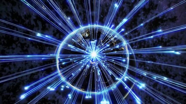 globe with radial signal beams emanating outward over nighttime earth surface, satellite communications mood, telecom operator viewpoint showing network reach, bright transmission rays and hub
