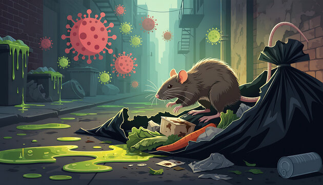 A rat scavenges through garbage in a grimy alleyway, with cartoonish virus particles floating in the air. Hantavirus illustration. Virus from rats.