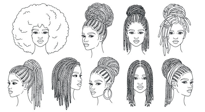 Elegant line art portraits showcasing various Black women's hairstyles like braids, afros, and locs. Ideal for coloring pages, branding, and creative designs.