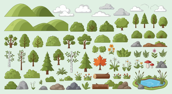 Flat nature landscape elements set, green forest trees and mountain vector collection, outdoor environment icons for game design and map creation