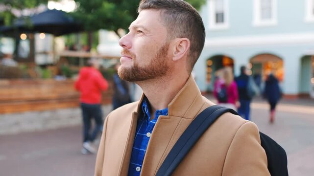 City, think and man with business, travel or new job in wonder, search or reflection. Bag, abroad or professional person for outdoor commute, street or town for career opportunity, relocation or work