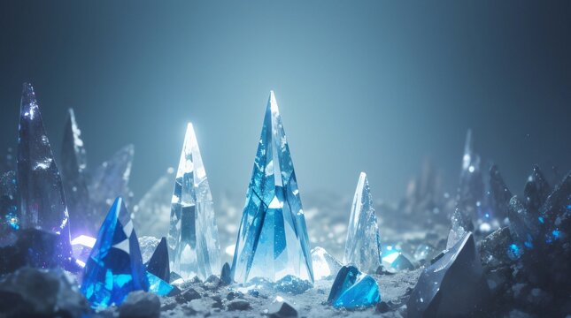 Glowing blue crystal structures in a dark mysterious cavern with soft ambient light.