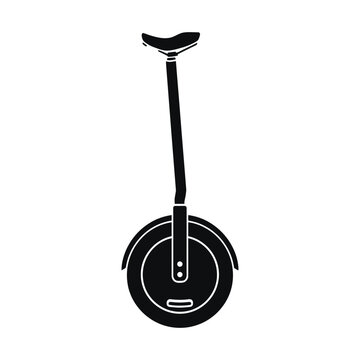 Electric Unicycle with Saddle Seat Angled Stem Large Round Wheel Front View Black Silhouette Glyph Icon White Background Flat Vector