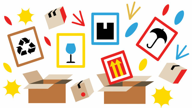 Colorful flat vector illustration of open cardboard boxes with various items flying out