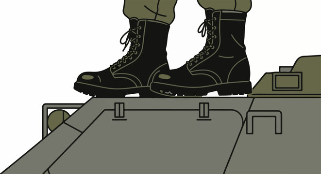 Military boots stand atop armored vehicle, digital illustration