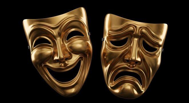 Two golden comedy and tragedy masks on a black background