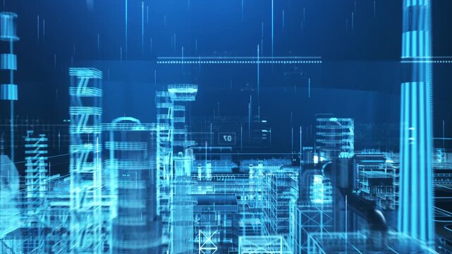 High tech holographic factory, digital factory composed of blue lines, holographic digital twin of an industrial complex, rendered in glowing cyan blue, showcases towers and real-time data overlays.