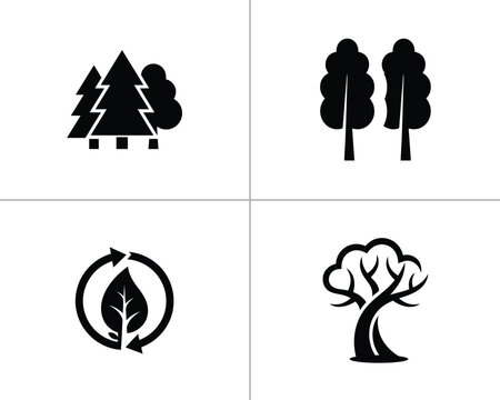 Collection of four black nature themed including evergreen trees deciduous trees a recycling leaf symbol and a stylized leafless tree silhouette on white background, vector illustration