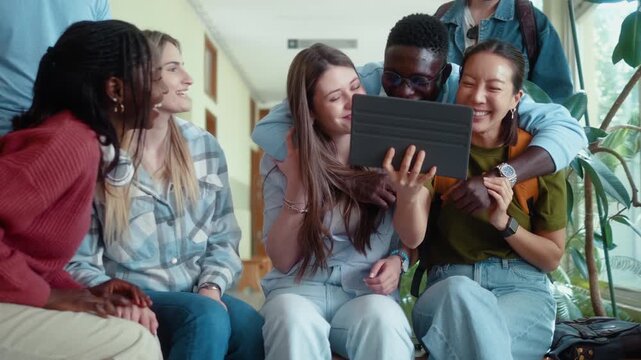 Diverse smiling students using tablet together in university hallway during break. Friendship, laughter, hugs and social interaction on campus.