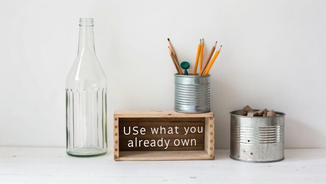 Creative workspace arrangement with glass bottle, pencil holder, wooden box, and tin can, emphasizing the message of resourcefulness and sustainability