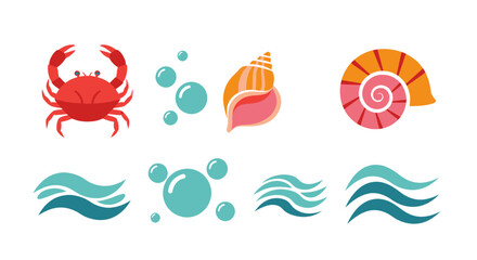 Oceanic Icons: Crab, Seashells, Bubbles, and Waves Collection © udin
