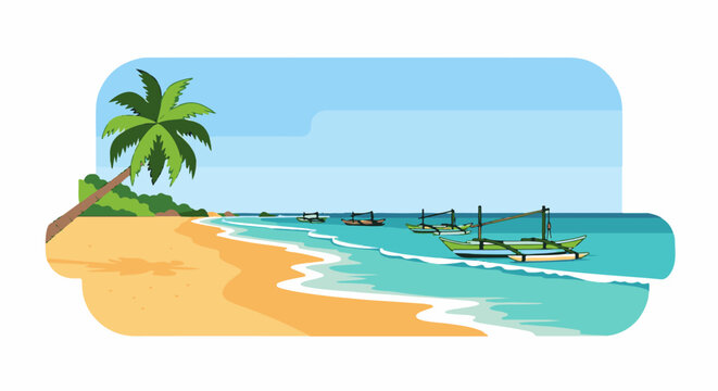 Tropical beach with palm tree, boats bobbing on turquoise waves