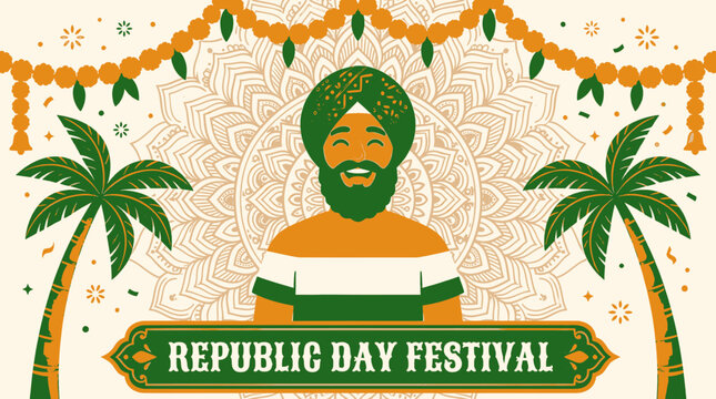 Celebrate Republic Day Festival with Joyful Man Wearing Traditional Sikh Turban and Beard Adorned with India Flag Colors Surrounded by Festive Garlands Palm Trees and Mandala Patterns