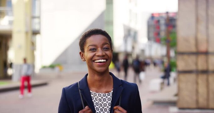 Commute, face or businesswoman in town with laugh, optimism or morning travel in work routine. Happy, corporate or black person with portrait, employee journey or positive attitude at start of day.