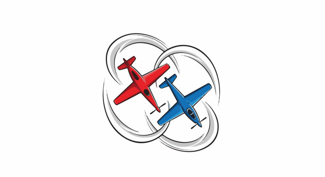 Two acrobatic airplanes in red and blue perform stunts in sky