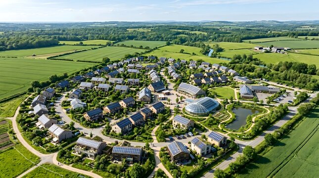 Aerial view of eco-friendly residential community with solar panels, green spaces, and sustainable architecture. Represents renewable energy, smart living, and green urban planning.
