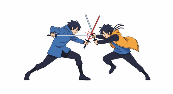 Two anime characters in dynamic poses clash with swords against a white background