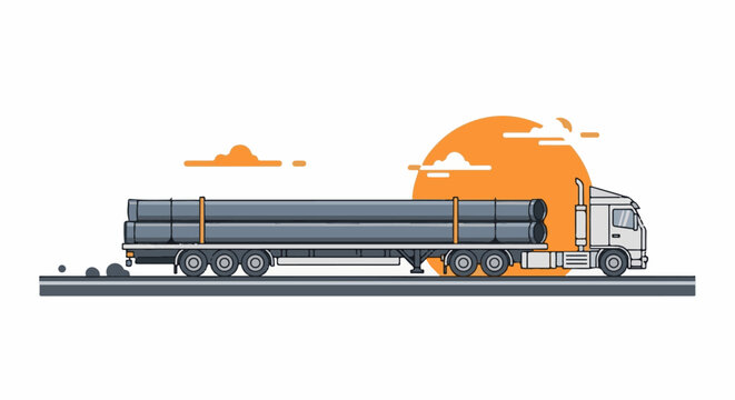 White truck transports large gray pipes on a flatbed trailer