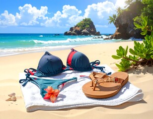 Obraz premium Beach scene with a bikini, towel, and sandals on the shore