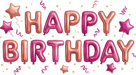 Happy Birthday pink and rose gold foil balloon text with stars and confetti.Happy Birthday pink and rose gold foil balloon text with stars and confetti. © msthasina