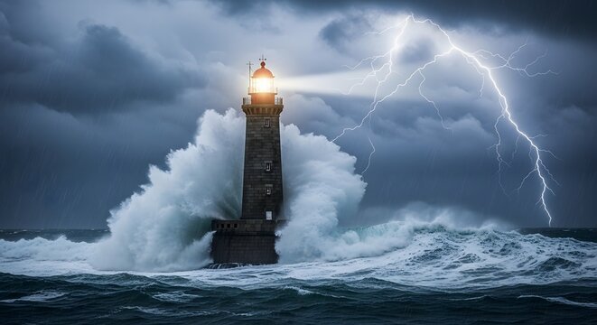 A dramatic lighthouse stands tall amidst a turbulent stormy sea with lightning