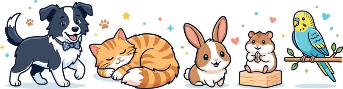 Cute pet collection with border collie dog, sleeping ginger cat, rabbit, hamster eating a seed, and colorful parakeet on white background.